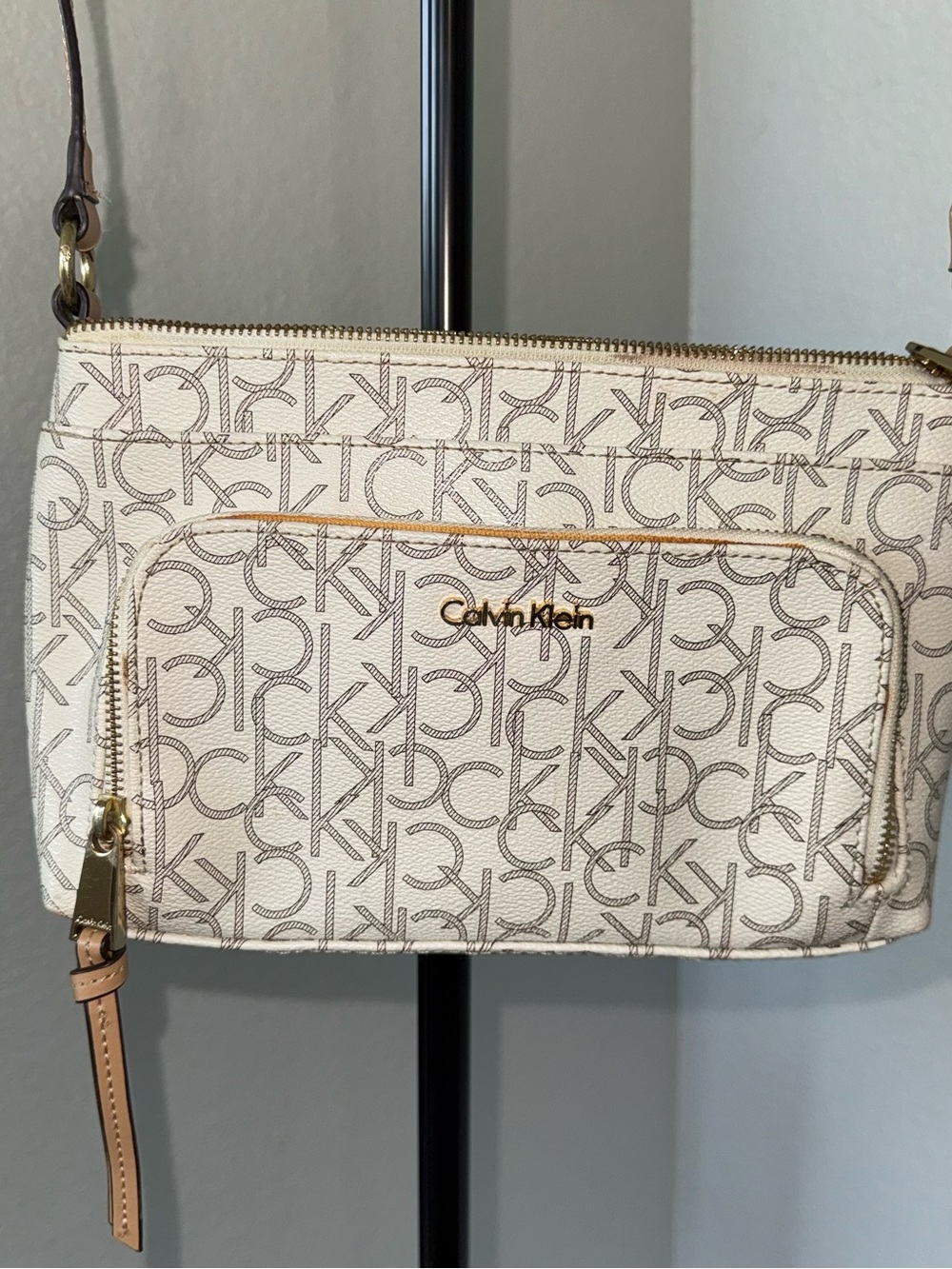 Calvin Klein Cream Monogram Crossbody Bag with Tan Trim